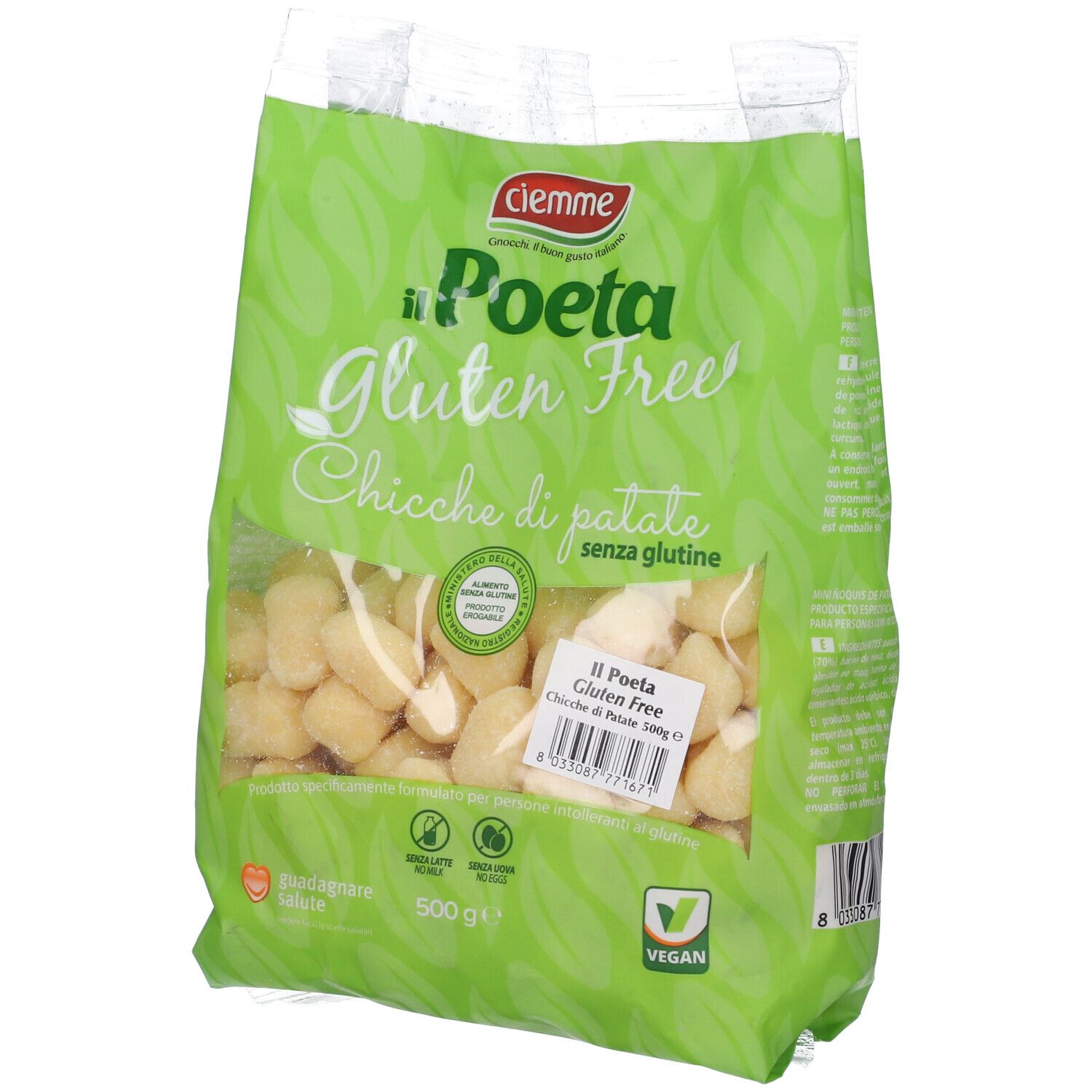 Confezione di Il Poeta Gluten Free Chicche di patate. Confezione verde con nome prodotto e indicazione senza glutine. 500g.