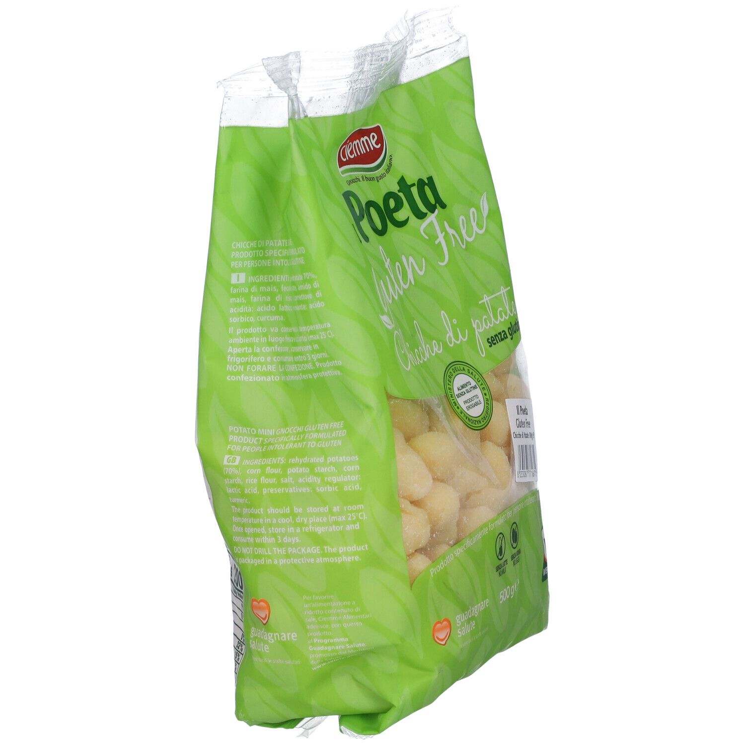 Confezione di Il Poeta Gluten Free Chicche di patate. Confezione verde, nome prodotto e indicazione senza glutine. 500g. Vista laterale.