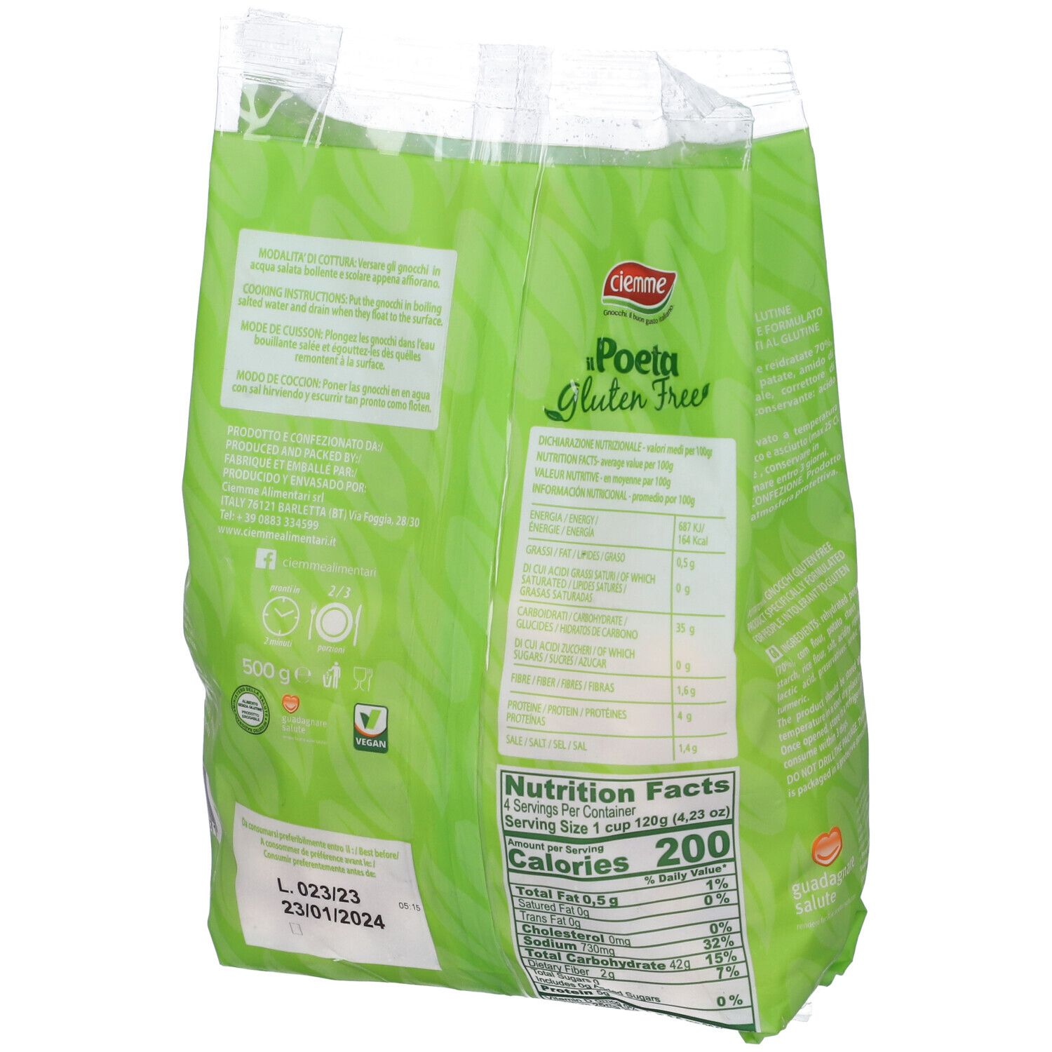 Retro della confezione di Il Poeta Gluten Free Chicche di patate. Confezione verde con informazioni nutrizionali e lista ingredienti. 500g.
