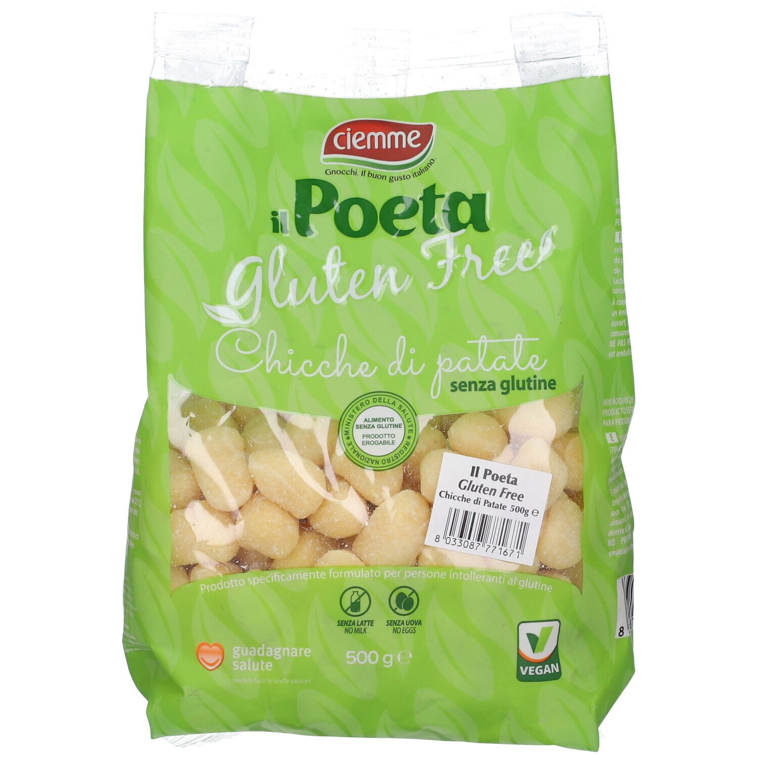 Confezione di Il Poeta Gluten Free Chicche di patate. Confezione verde con nome prodotto e indicazione senza glutine. 500g.