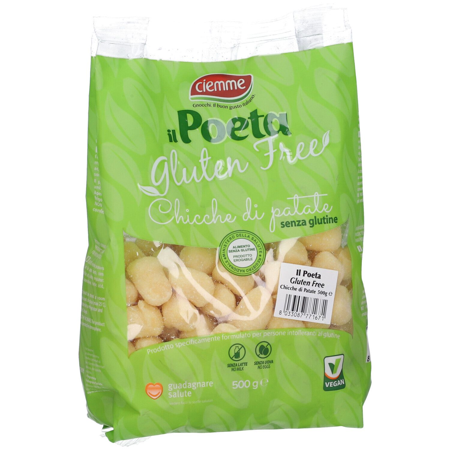 Confezione di Il Poeta Gluten Free Chicche di patate. Confezione verde con nome prodotto e indicazione senza glutine. 500g.