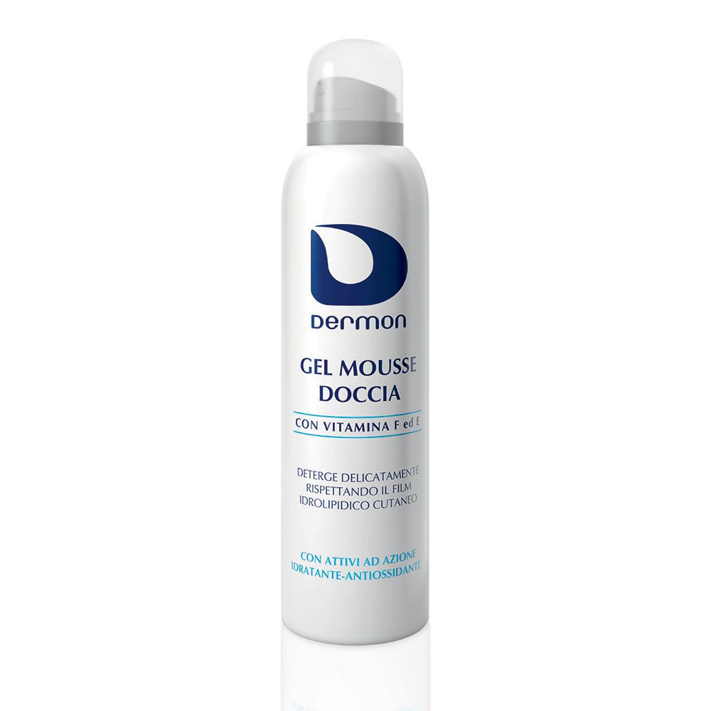 Flacone bianco con logo e testo blu. Nome prodotto: Gel Mousse Doccia. Contiene vitamina F ed E. Dermatologicamente testato.