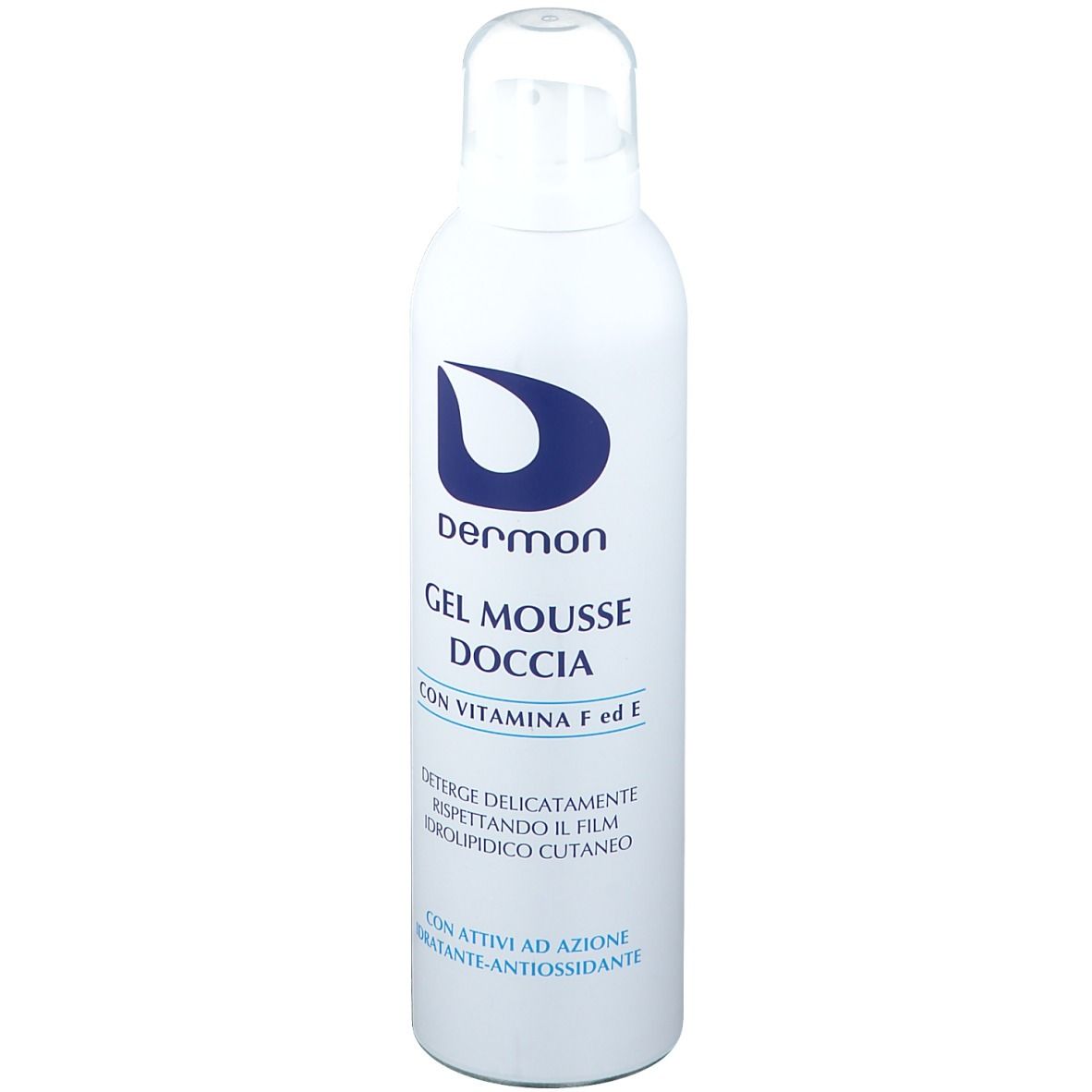Flacone bianco con logo e testo blu. Nome prodotto: Gel Mousse Doccia. Contiene vitamina F ed E. Dermatologicamente testato.