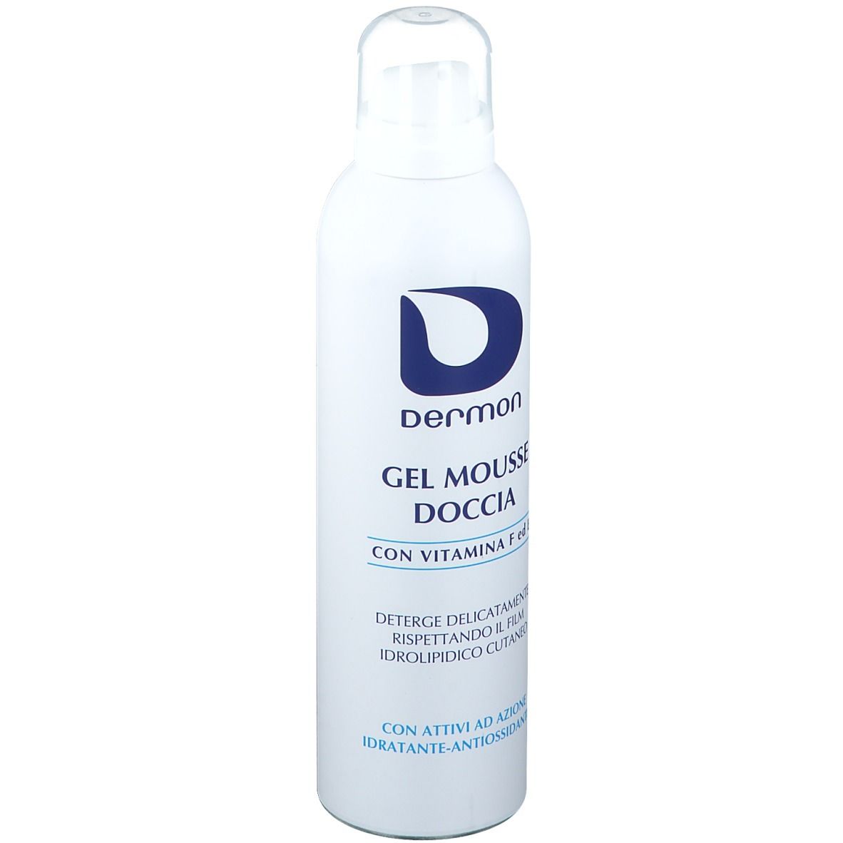 Flacone bianco con logo e testo blu. Nome prodotto: Gel Mousse Doccia. Contiene vitamina F ed E. Dermatologicamente testato.