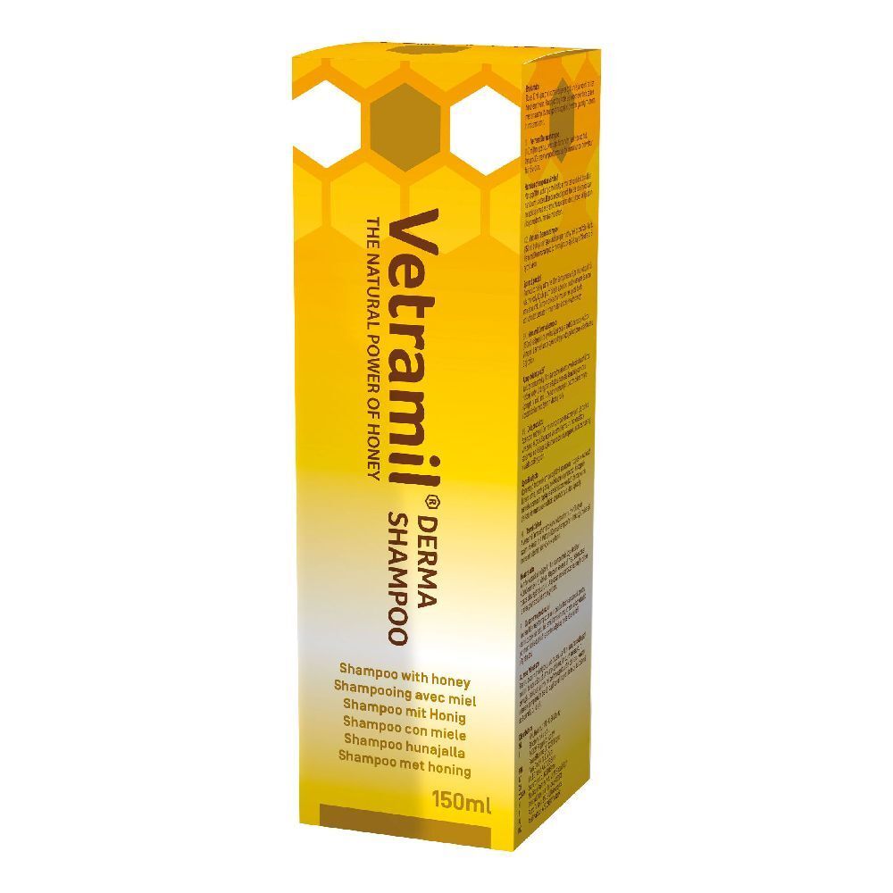 Scatola gialla con scritta Vetramil Derma Shampoo. Scritta: The Natural Power of Honey. 150ml.