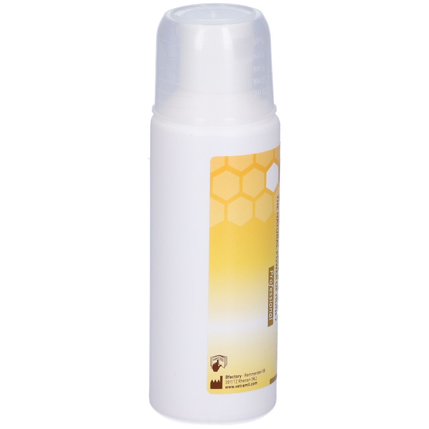 Flacone bianco con tappo trasparente. Adesivo con motivo a nido d'ape giallo e testo.
