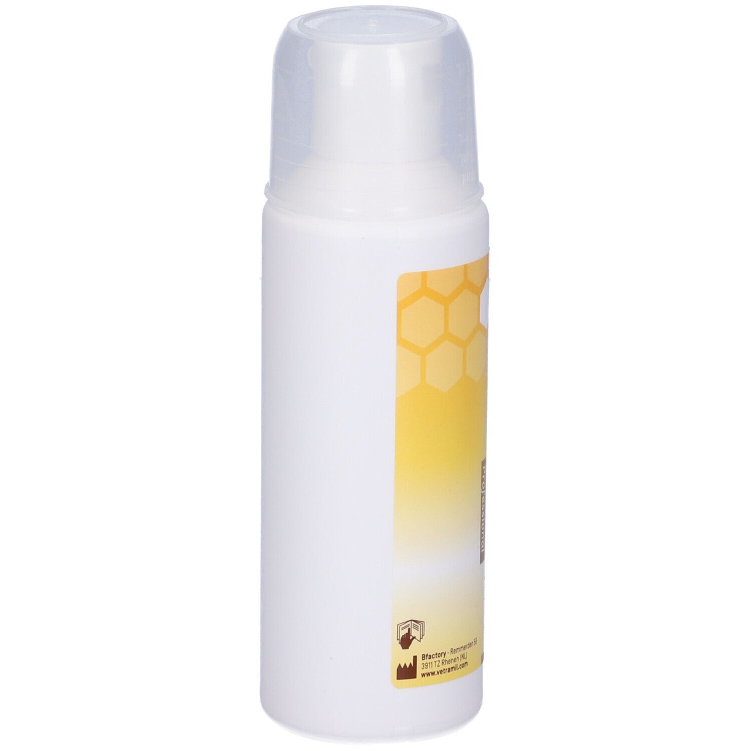 Flacone bianco con tappo trasparente. Adesivo con motivo a nido d'ape giallo e testo.