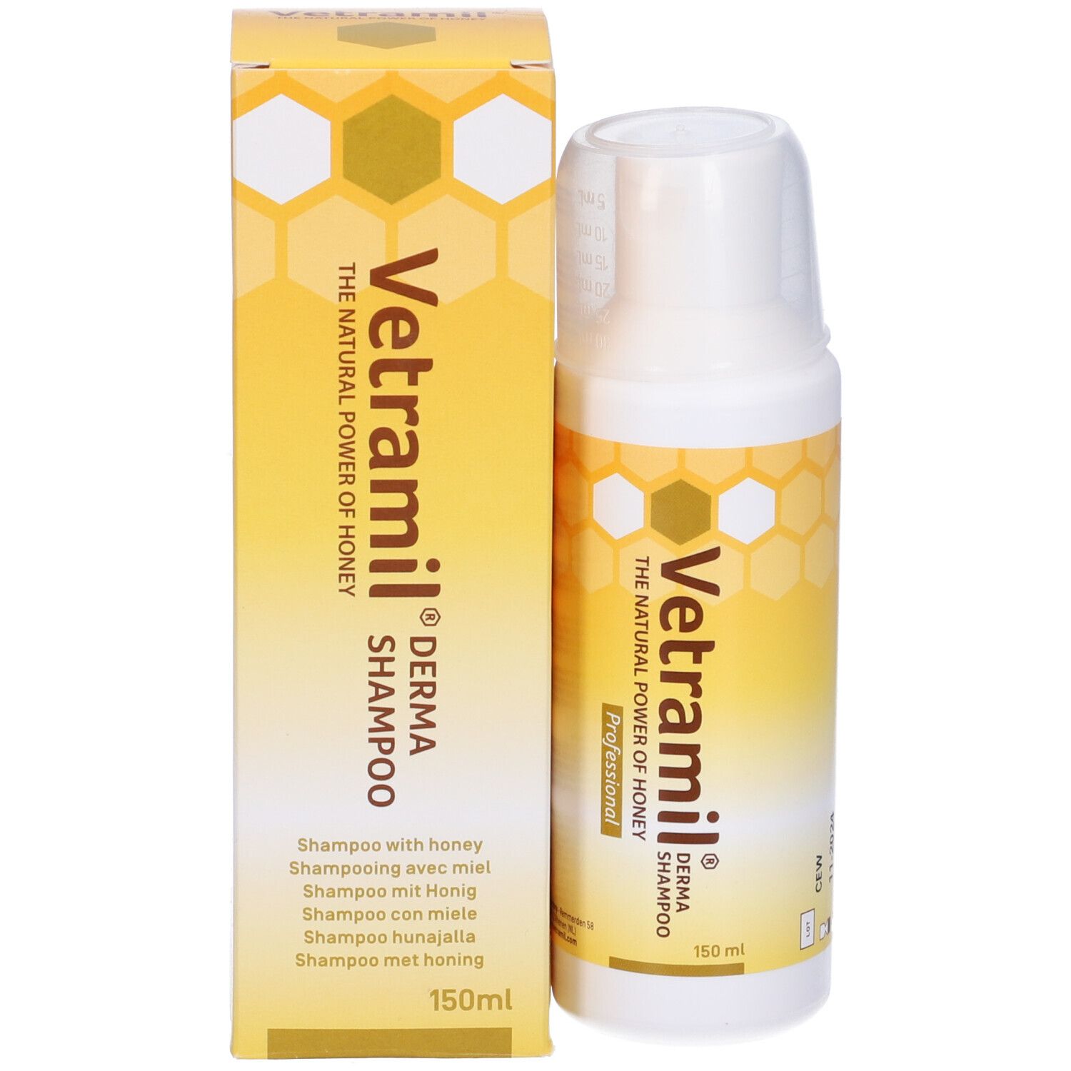 Flacone e scatola bianchi. Scritta Vetramil Derma Shampoo, 150 ml. Motivo a nido d'ape.