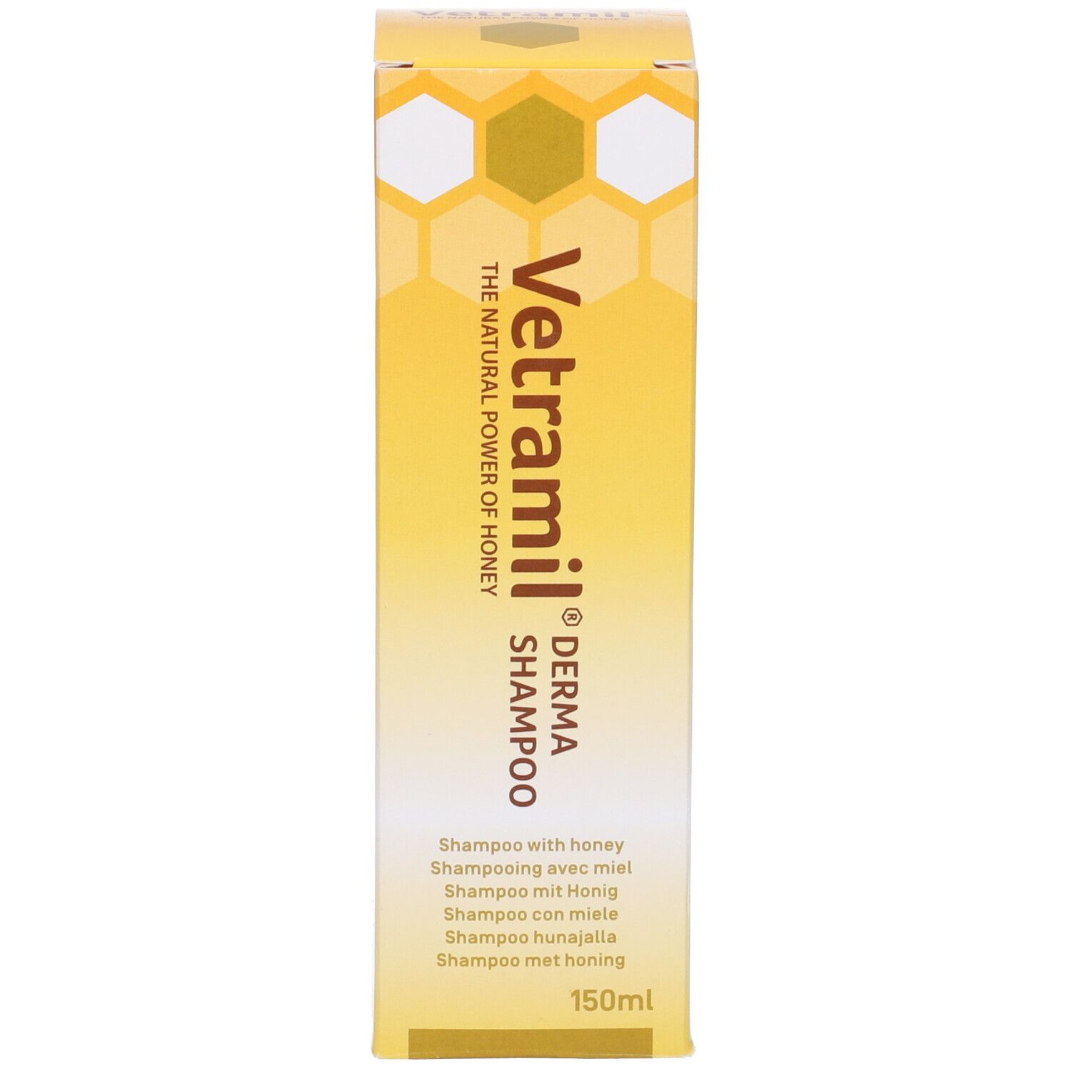 Scatola gialla con scritta Vetramil Derma Shampoo. Scritta: The Natural Power of Honey. 150ml.