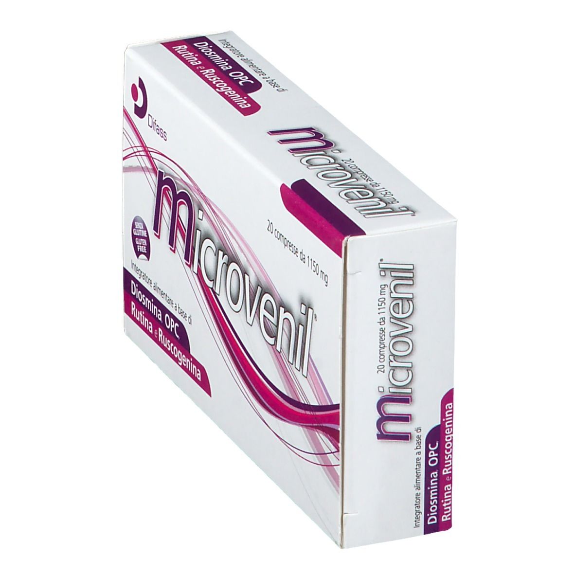 Scatola Microvenil, bianca con accenti viola. Scritta: '20 compresse da 1150 mg'.