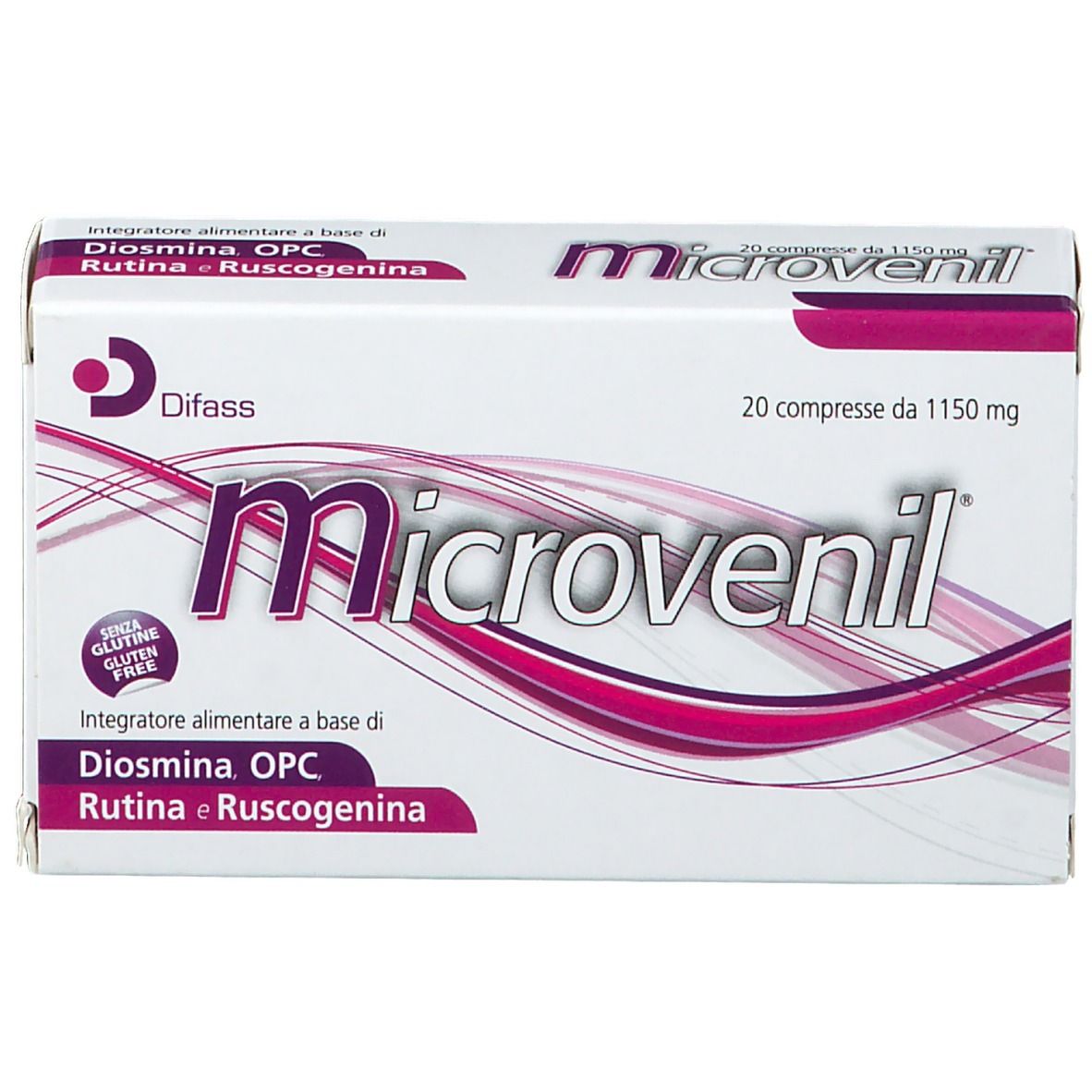 Scatola bianca con il nome Microvenil e la scritta '20 compresse da 1150 mg'.