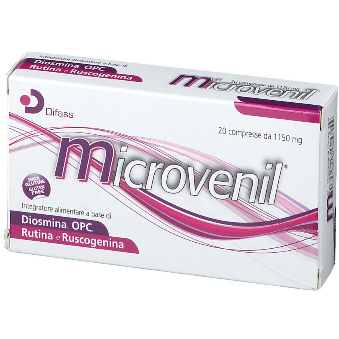 Scatola bianca con il nome Microvenil e la scritta '20 compresse da 1150 mg'.