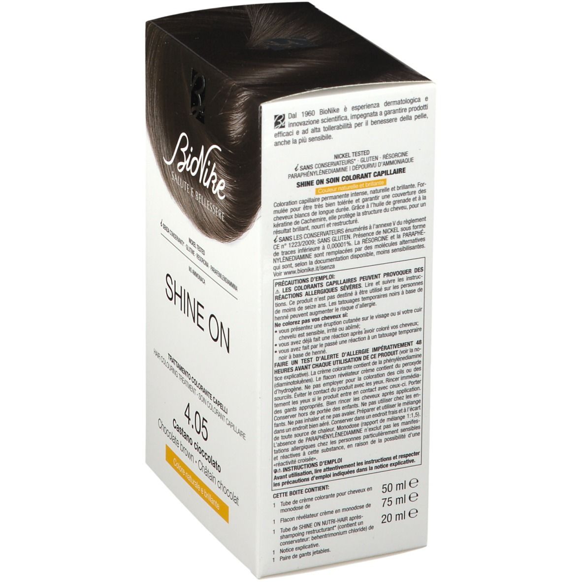 BioNike Shine On colorazione capelli 4.05. Confezione con informazioni e ingredienti del prodotto. Testo in tedesco, italiano, olandese e francese. Contiene 50ml, 75ml e 20ml.