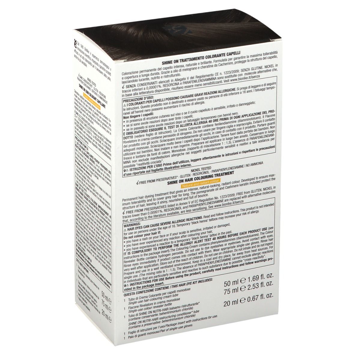BioNike Shine On colorazione capelli 4.05. Confezione con informazioni e ingredienti del prodotto. Testo in tedesco, italiano, olandese e francese. Contiene 50ml, 75ml e 20ml.