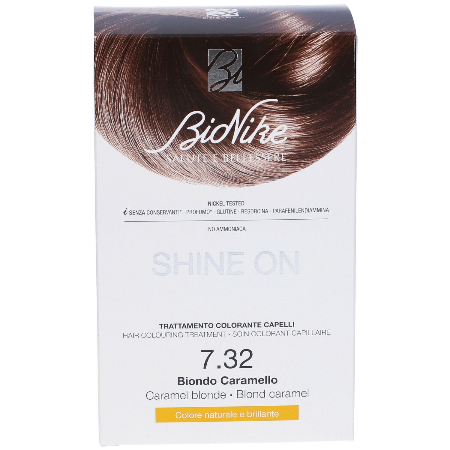 BioNike SHINE ON 7.32 Biondo Caramello. Confezione tinta per capelli. Scritte: Nickel Tested, 7.32, Biondo Caramello. Immagine colore.