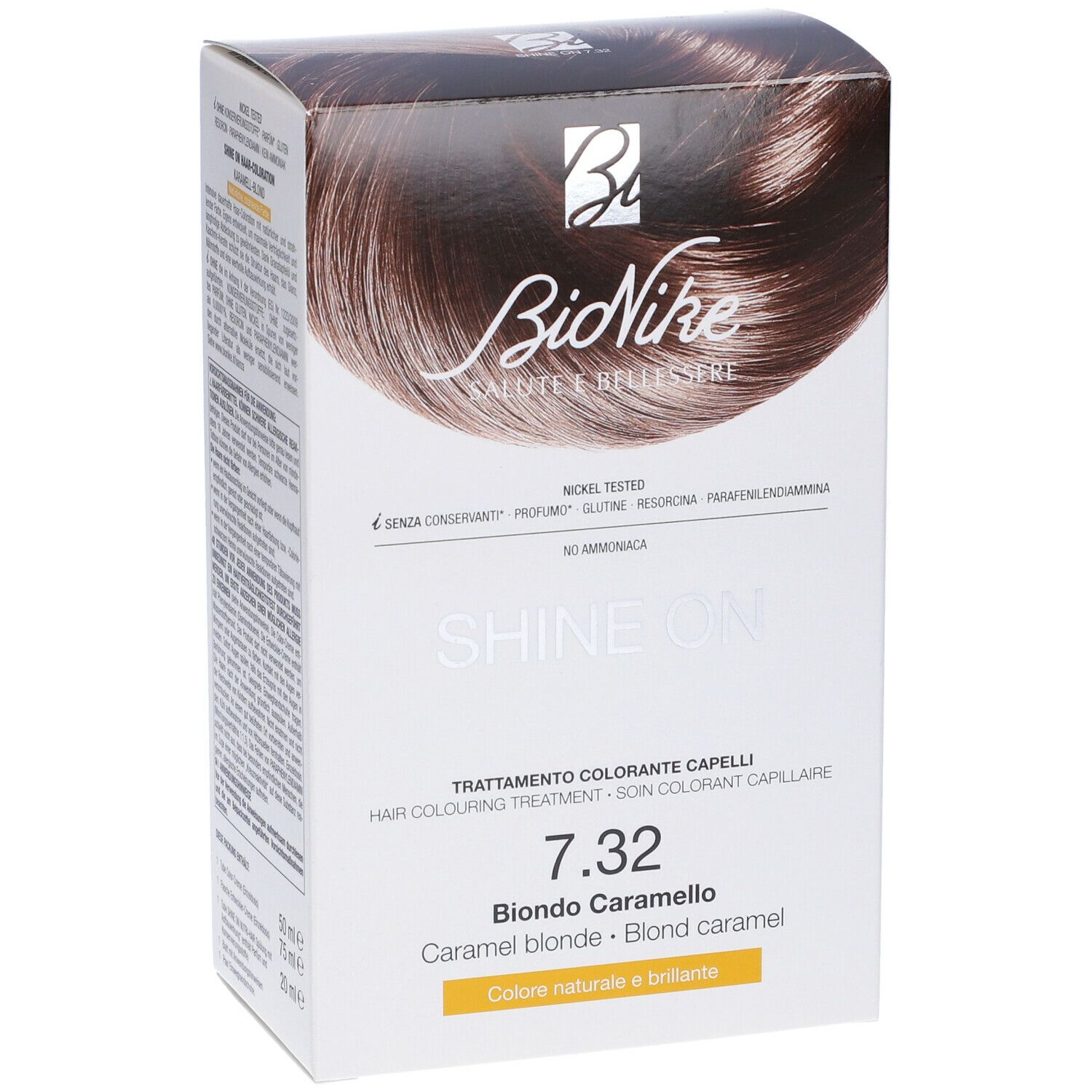 BioNike SHINE ON 7.32 Biondo Caramello. Confezione tinta per capelli. Scritte: Nickel Tested, 7.32, Biondo Caramello. Immagine colore.