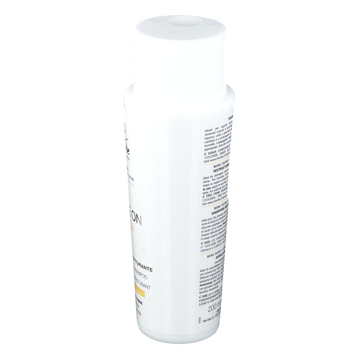 Flacon blanc. Inscription: Shine On Nutri-hair Shampoo. Marque: BioNike. Nickel Tested, sans conservateurs.