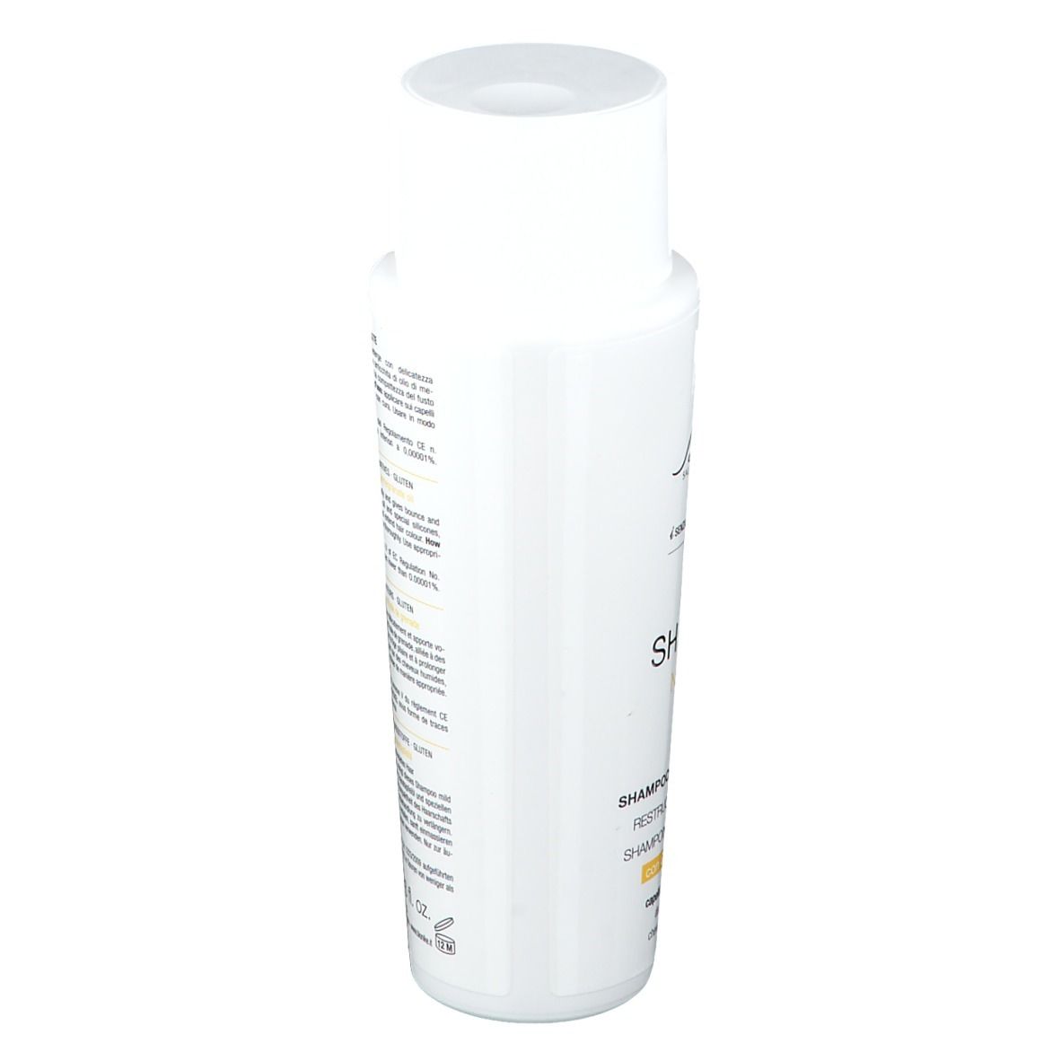 Flacon blanc. Inscription: Shine On Nutri-hair Shampoo. Marque: BioNike. Nickel Tested, sans conservateurs.