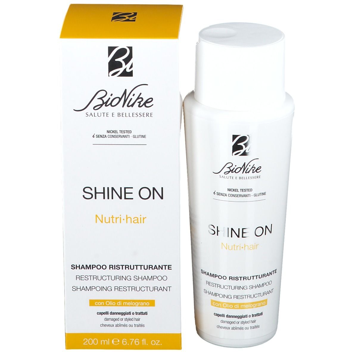 Emballage du produit. Flacon de shampooing et carton. Inscription: Shine On Nutri-hair Shampoo. Marque: BioNike.