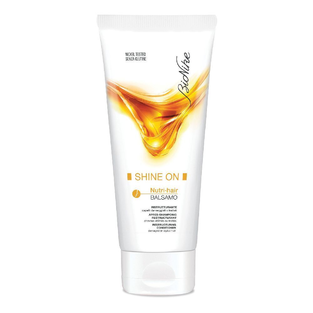 Weiße Tube mit goldfarbenem Design. Aufschrift: Shine On, Nutri-hair, Balsamo. Marke: BioNike.