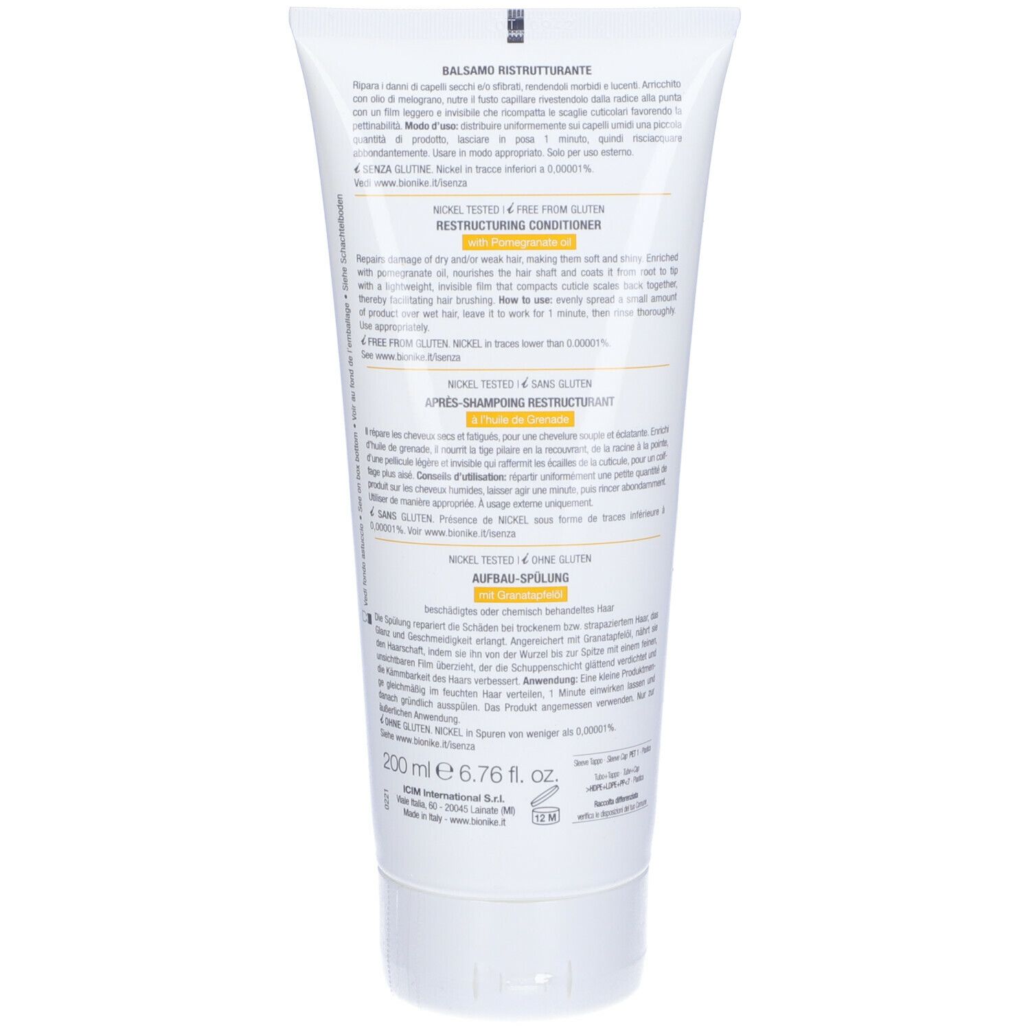 Rückseite der Tube mit Text. Aufschrift: Balsamo Ristrutturante, Nickel Tested, Free From Gluten. Marke: BioNike.