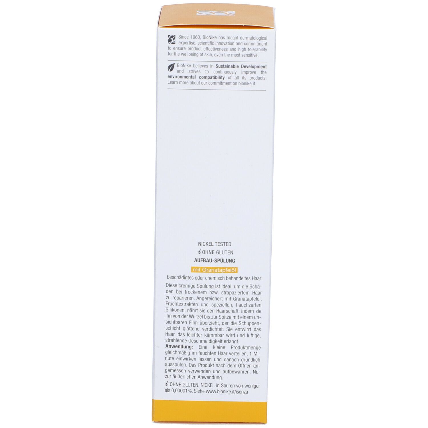 Seite des Kartons mit Text. Aufschrift: Nickel Tested, Free From Gluten. Marke: BioNike.
