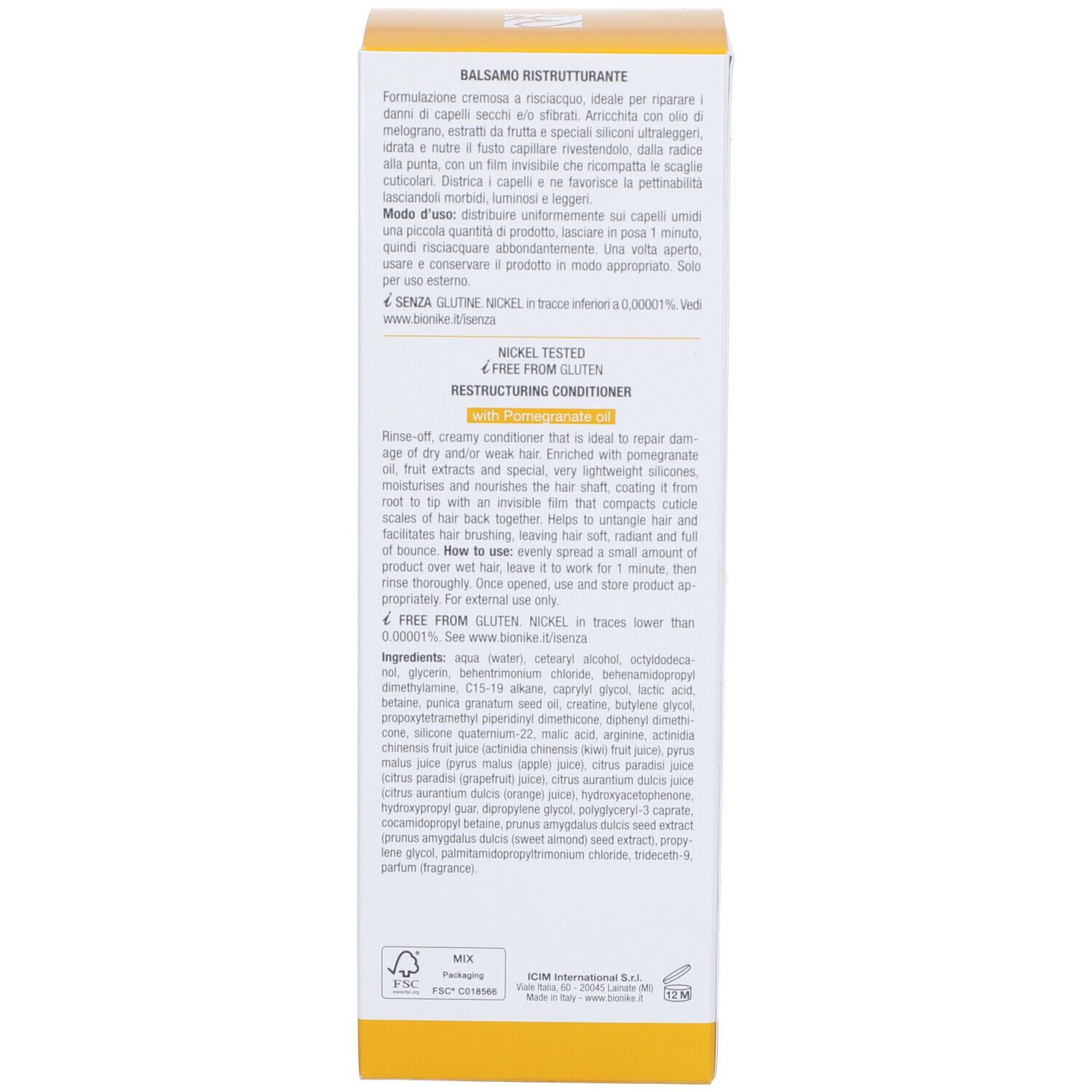 Rückseite des Kartons mit Text. Aufschrift: Balsamo Ristrutturante, Inhaltsstoffe. Marke: BioNike.