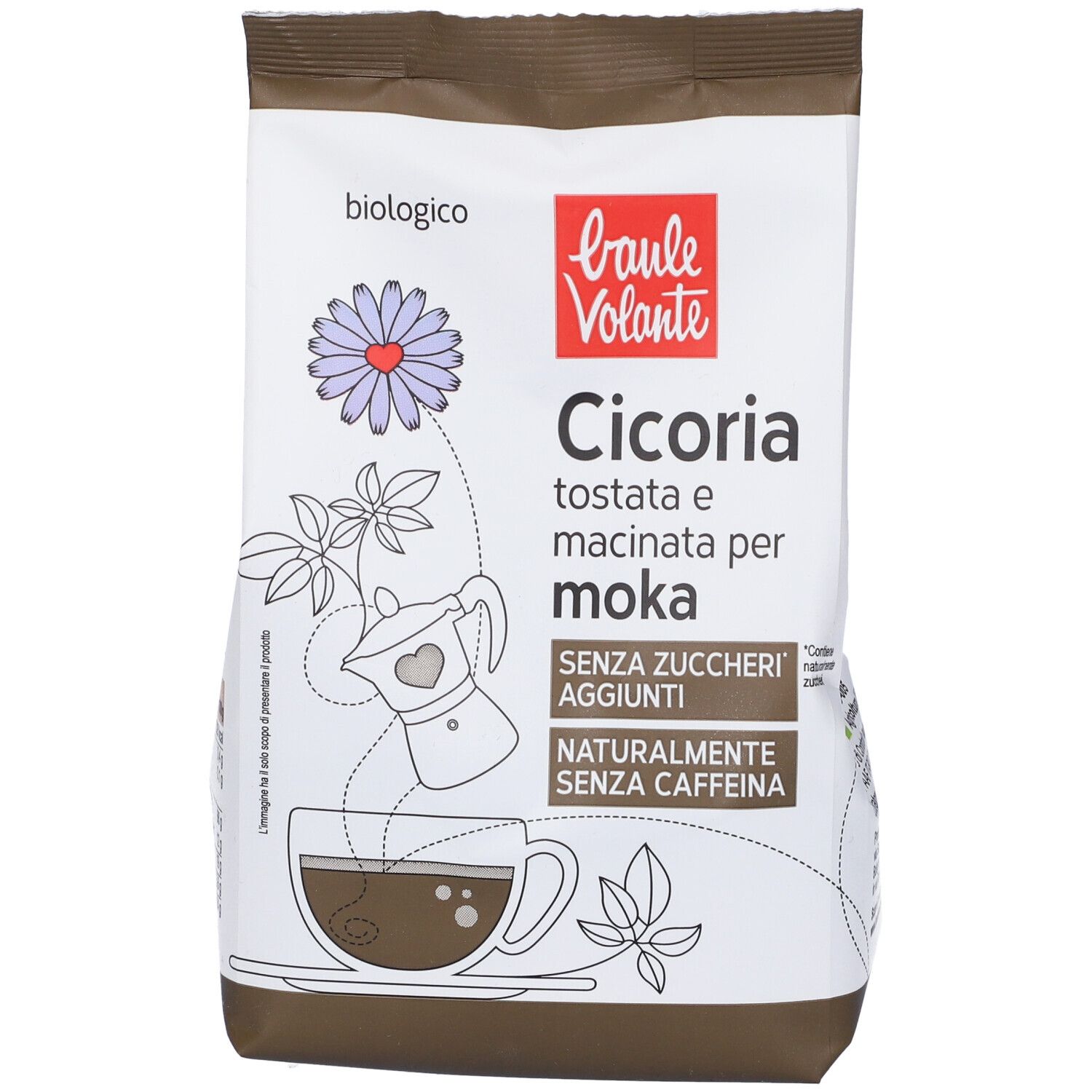 Confezione di Baule Volante Cicoria. Sacchetto bianco con nome del prodotto e illustrazioni. "Senza zuccheri aggiunti".
