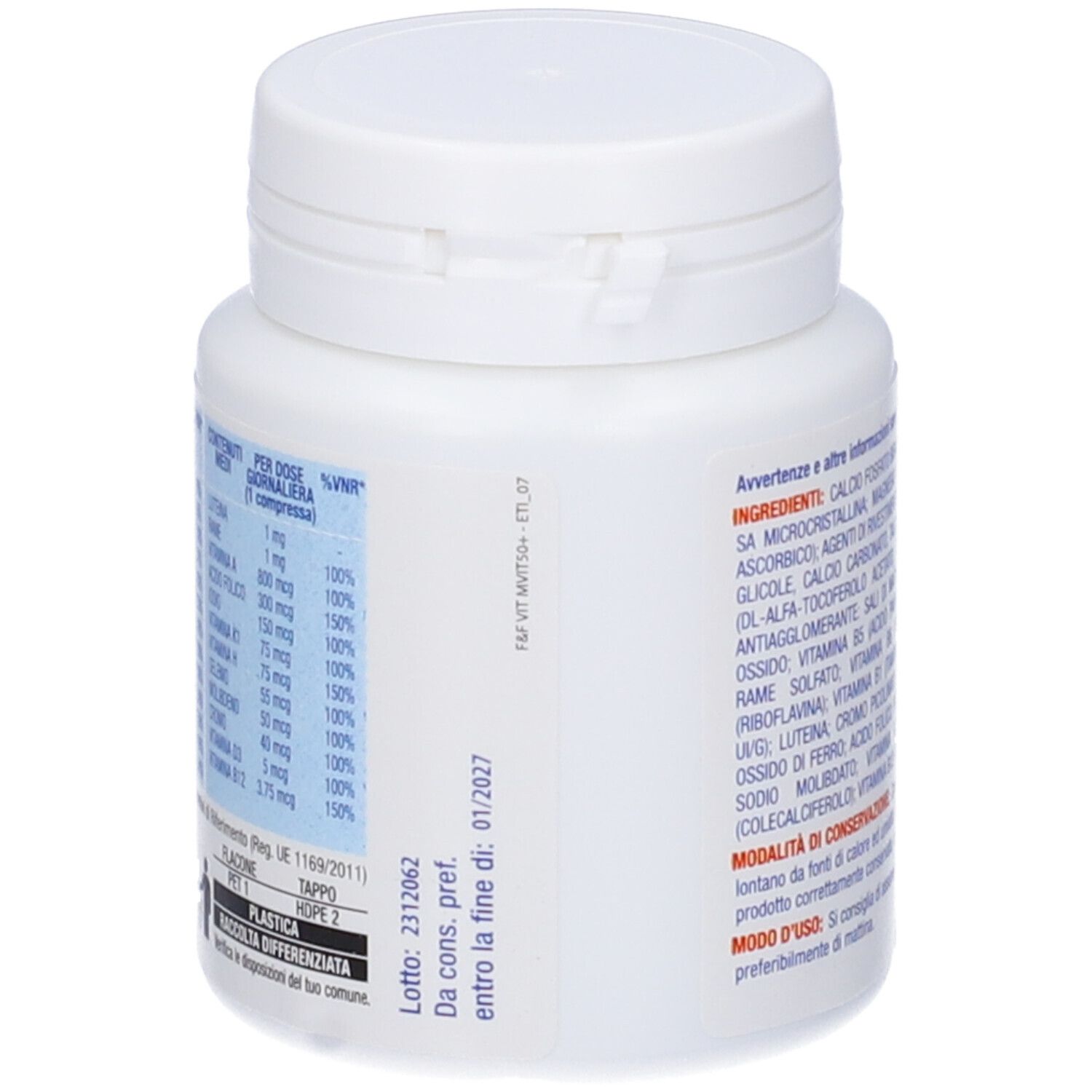 Rückseite der weißen Flasche Vita Act Multivitaminico 50+. Nährwertangaben.