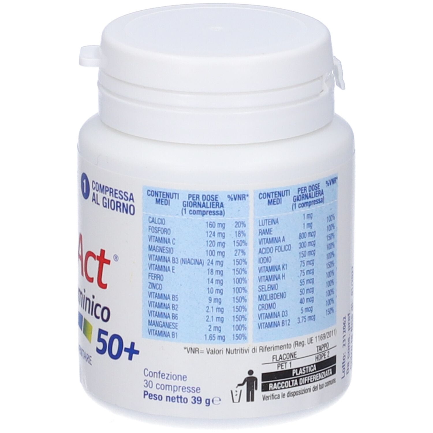 Weiße Flasche Vita Act Multivitaminico 50+. Nährwertangaben und Inhaltsstoffe.