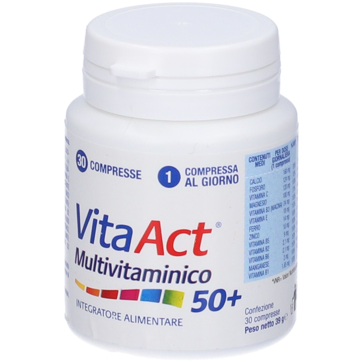 Weiße Flasche Vita Act Multivitaminico 50+. 30 Tabletten. 1 pro Tag.