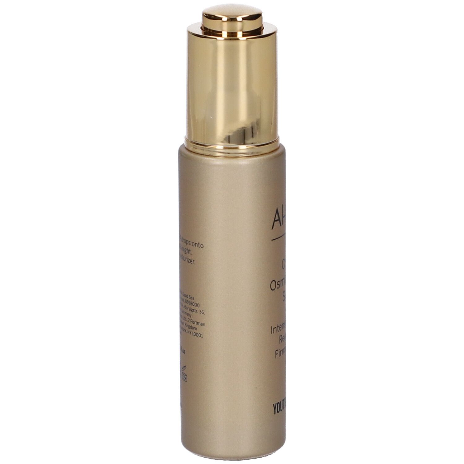AHAVA Crystal Osmoter X6 Serum. Goldfarbene Flasche. Text auf der Rückseite. Informationen zur Anwendung und Hersteller.