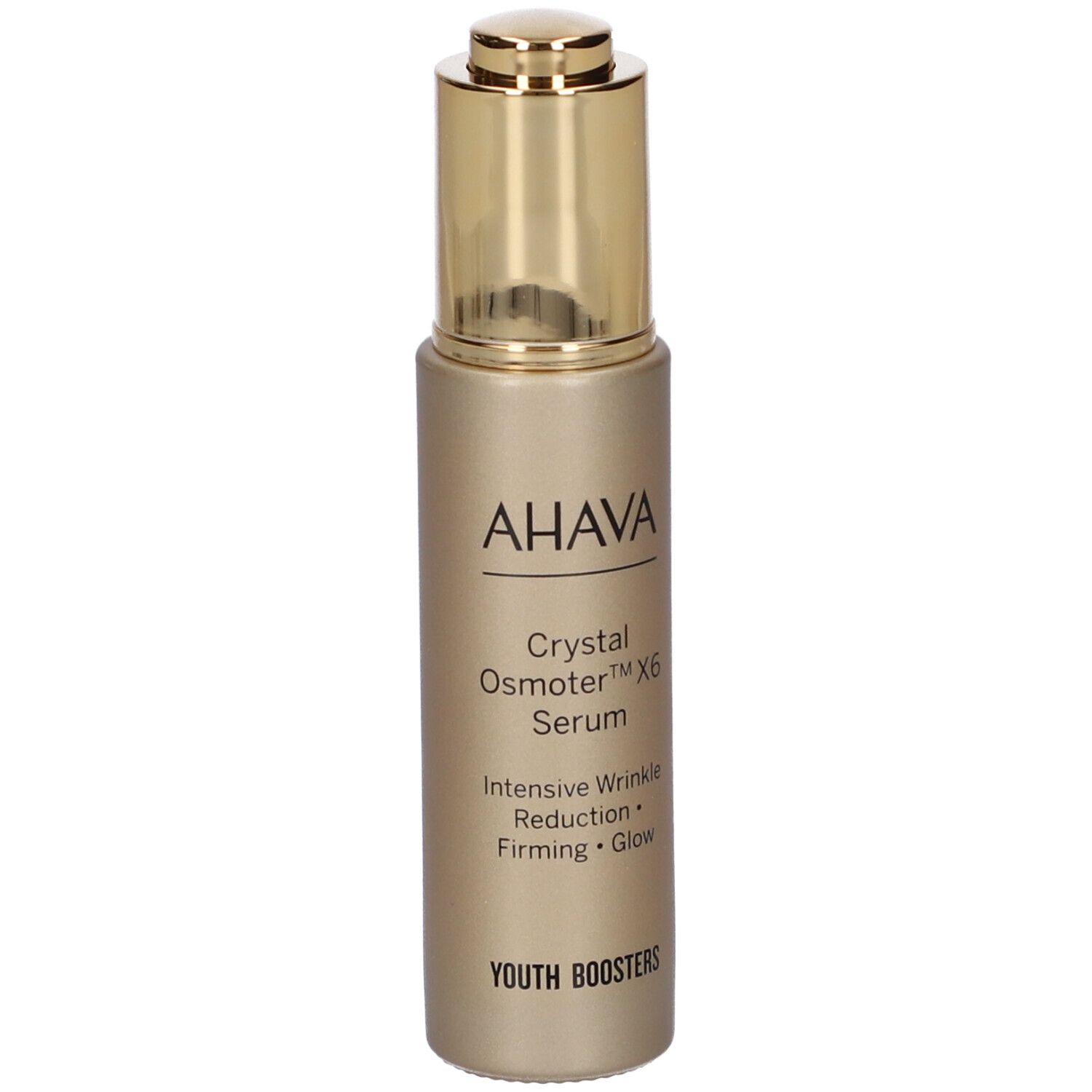 AHAVA Crystal Osmoter X6 Serum. Goldfarbene Flasche. Aufschrift: Intensive Faltenreduktion, Straffung, Glanz.