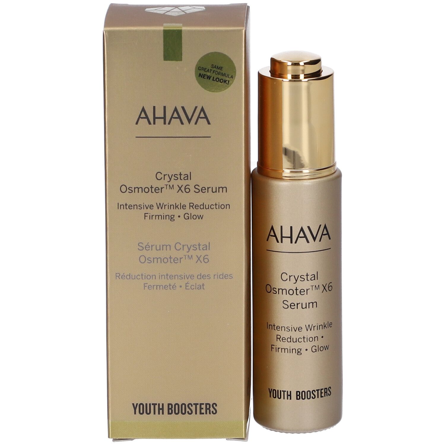 AHAVA Crystal Osmoter X6 Serum und Verpackung. Goldfarbene Flasche und Karton. Aufschrift: Faltenreduktion, Straffung, Glanz.