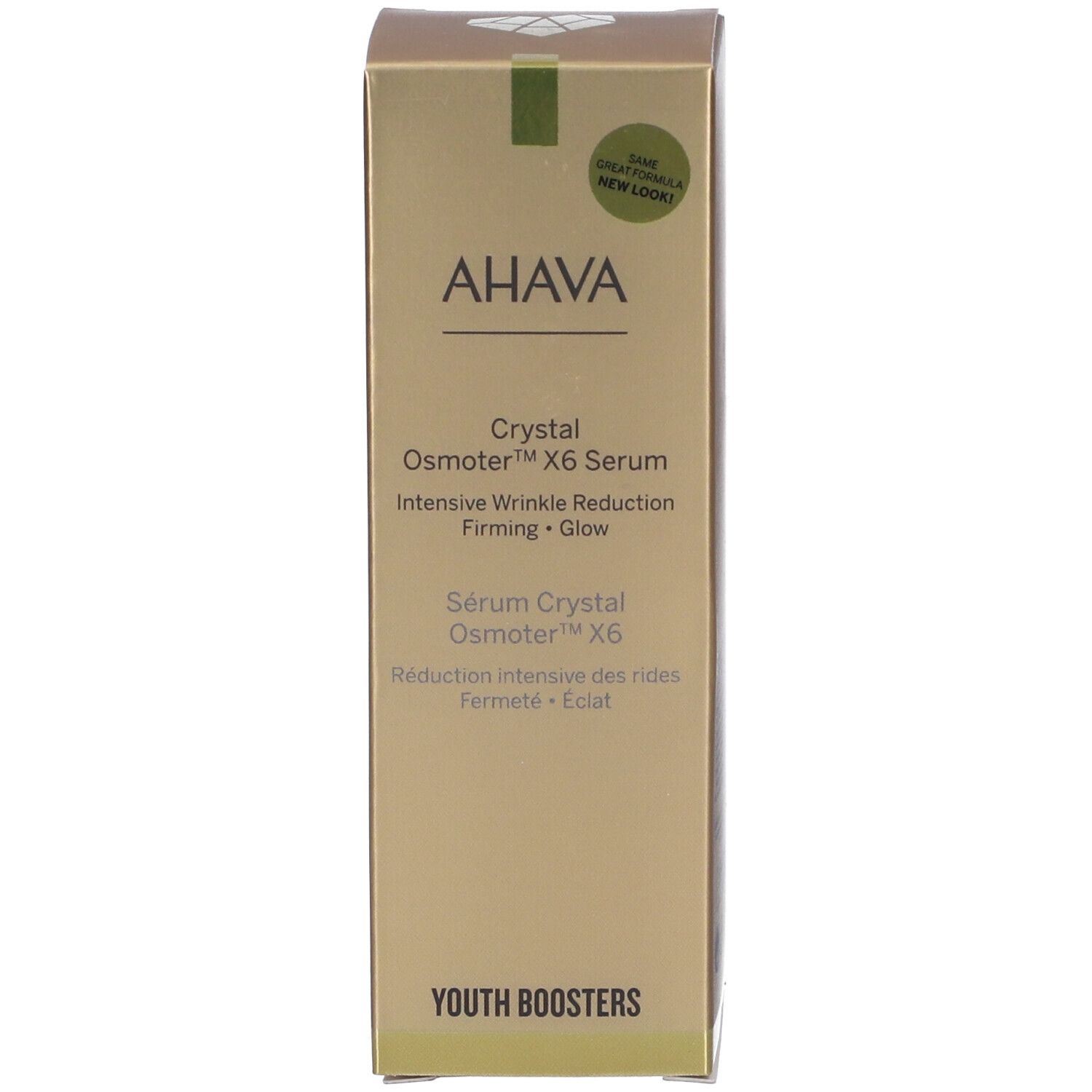AHAVA Crystal Osmoter X6 Serum Verpackung. Goldfarbener Karton. Aufschrift: Faltenreduktion, Straffung, Glanz.