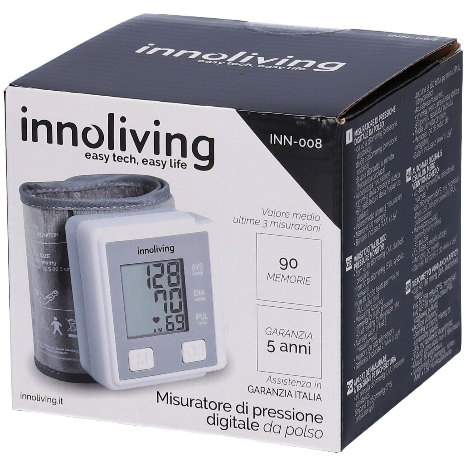 Misuratore pressione digitale da polso in confezione. Display con valori. Marca: innoliving. Modello: INN-008.