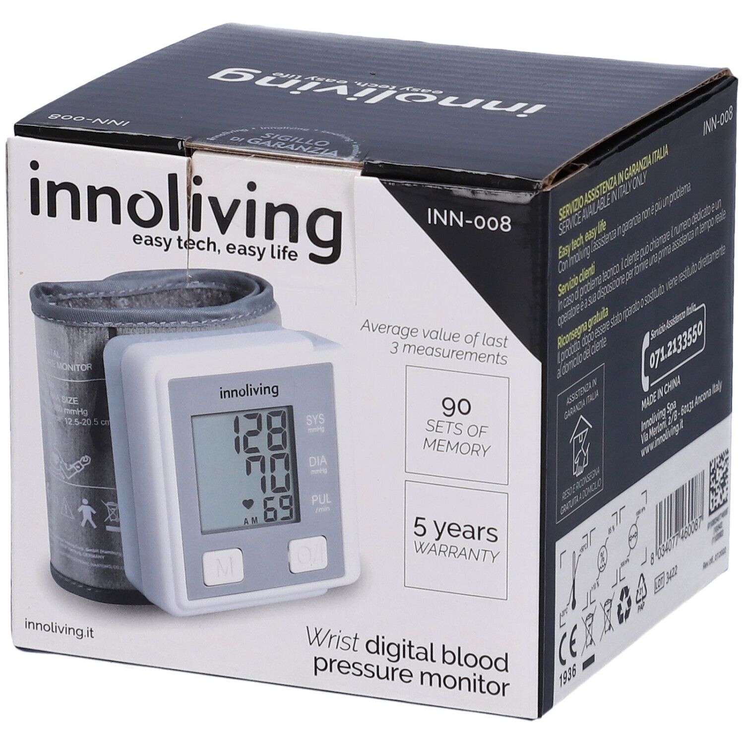 Confezione del misuratore di pressione digitale da polso. Display con valori. Marca: innoliving. Modello: INN-008.