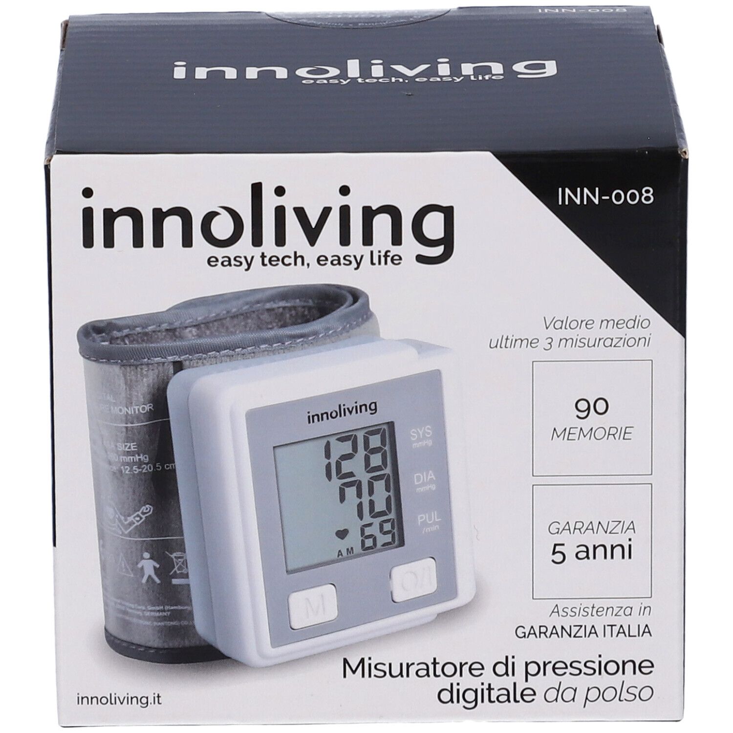 Confezione del misuratore di pressione digitale da polso. Display con valori. Marca: innoliving. Modello: INN-008.