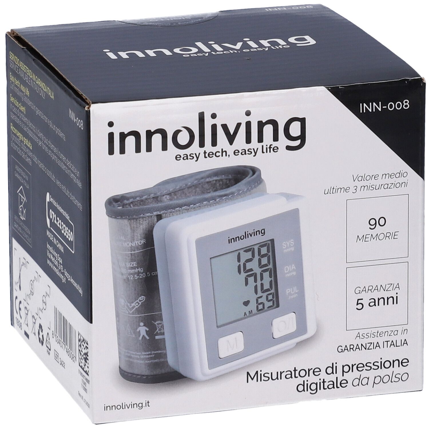 Confezione del misuratore di pressione digitale da polso. Display con valori. Marca: innoliving. Modello: INN-008.