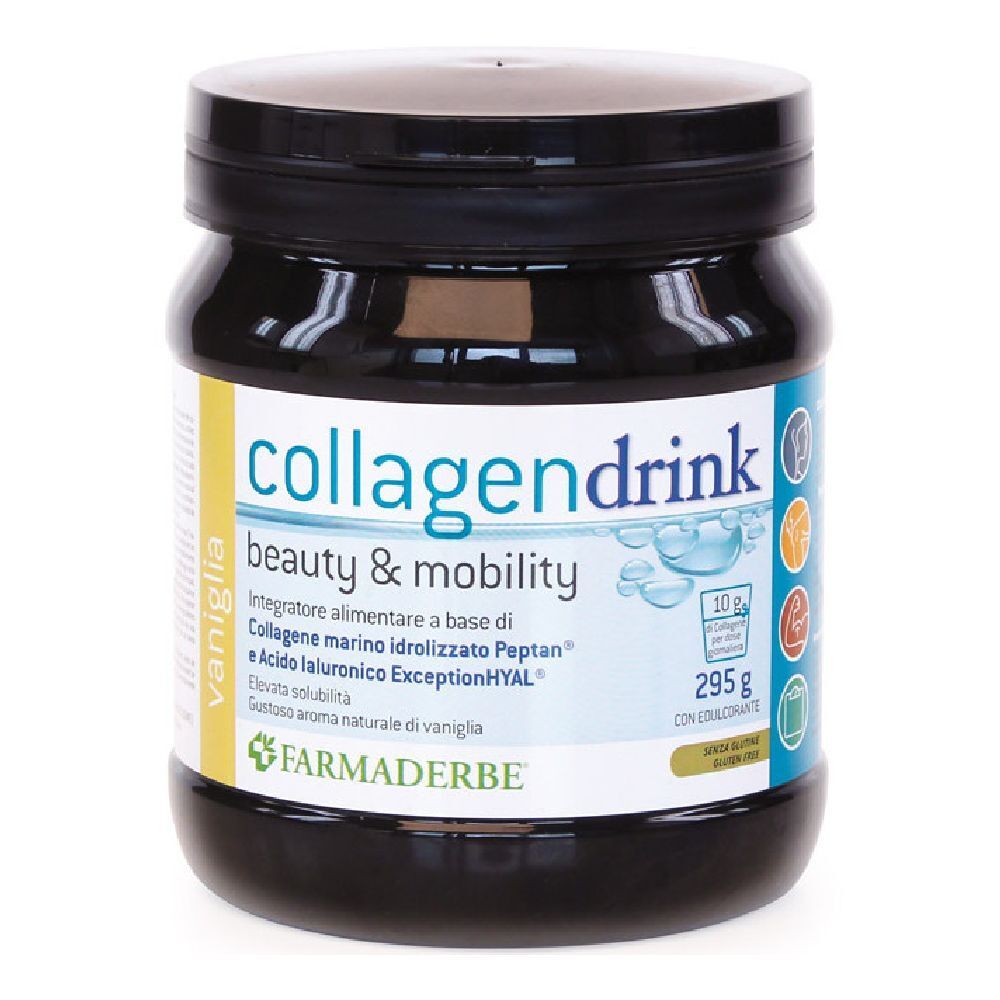 Barattolo nero con scritta "collagendrink beauty & mobility". Gusto vaniglia. Marchio FARMADERBE.