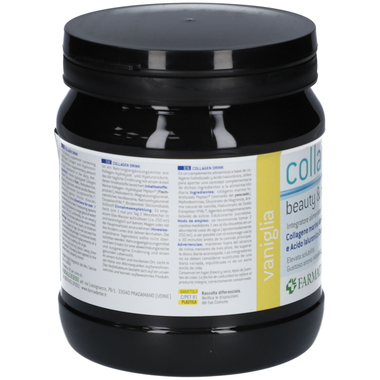 Barattolo nero con testo. Retro con informazioni sugli ingredienti e testo multilingue.