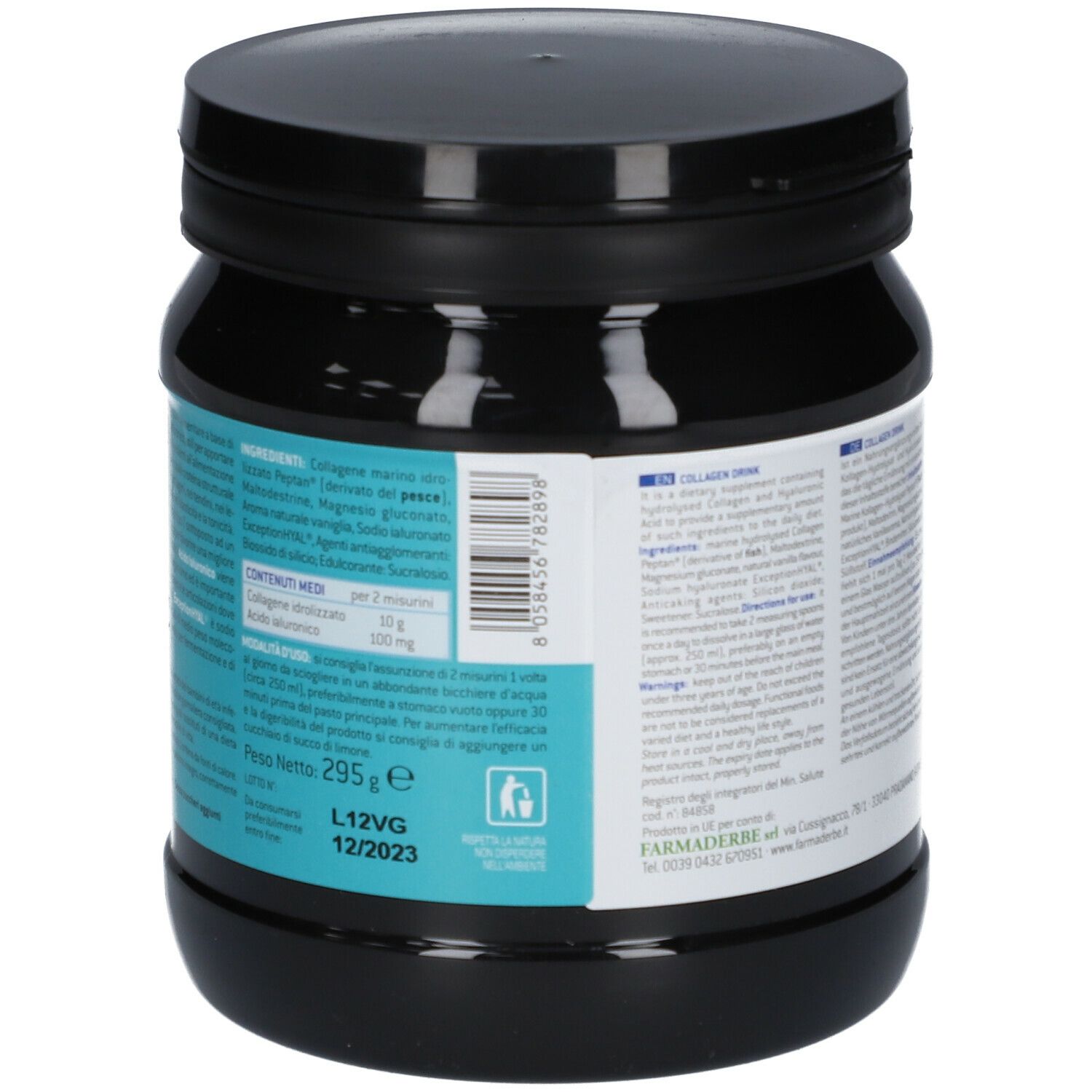 Barattolo nero con testo. Retro con informazioni sugli ingredienti e testo multilingue.