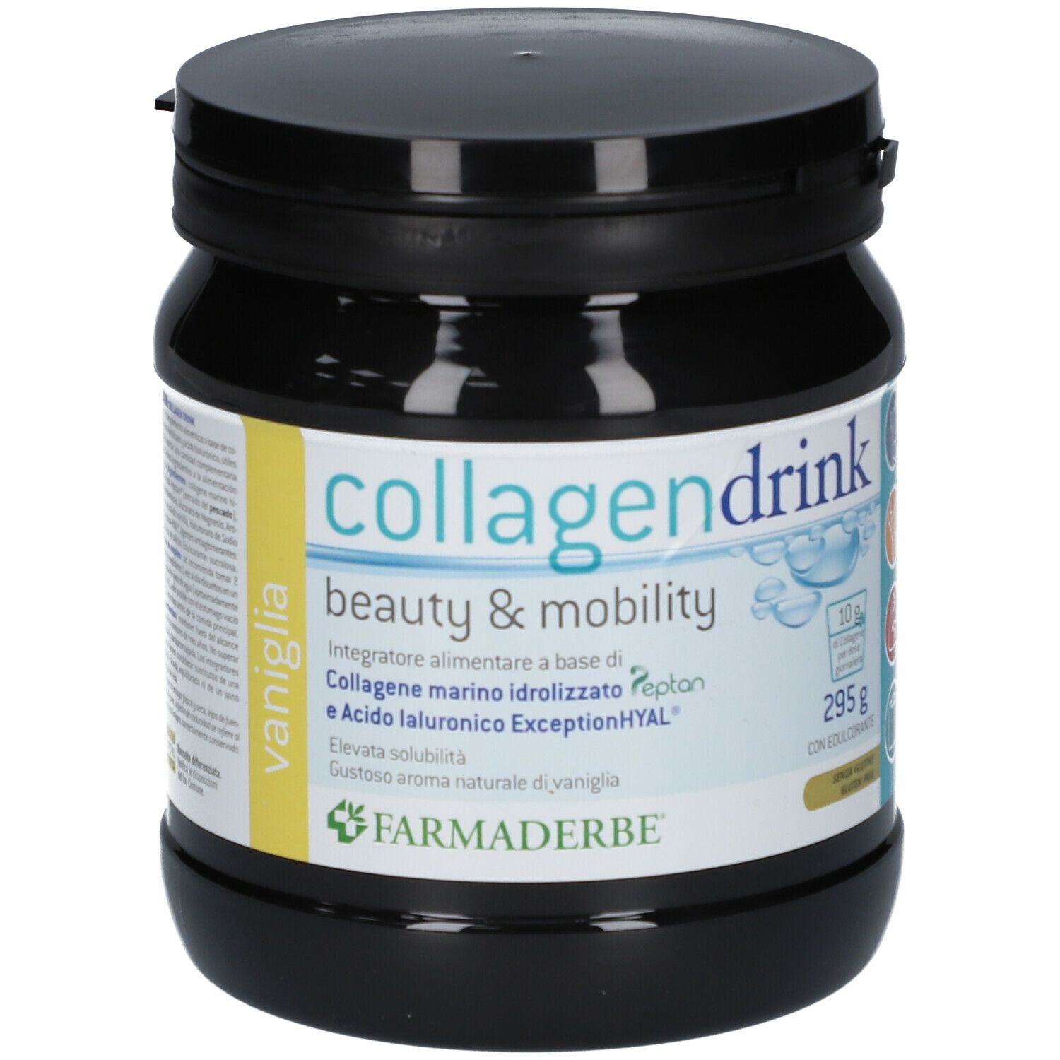 Barattolo nero con scritta "collagendrink beauty & mobility". Gusto vaniglia. Marchio FARMADERBE.