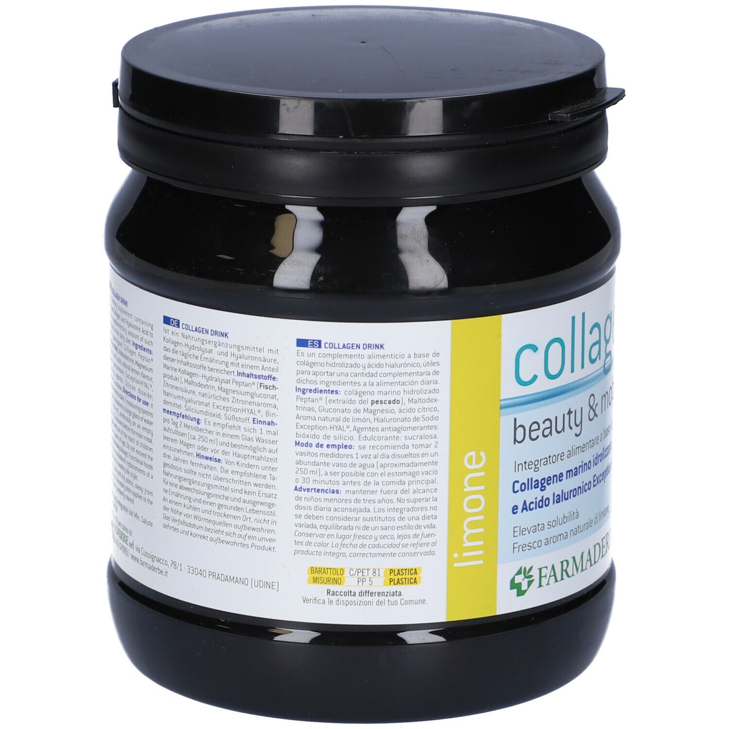 Barattolo nero con testo. Retro con ingredienti e informazioni. Marca: Farmaderbe.