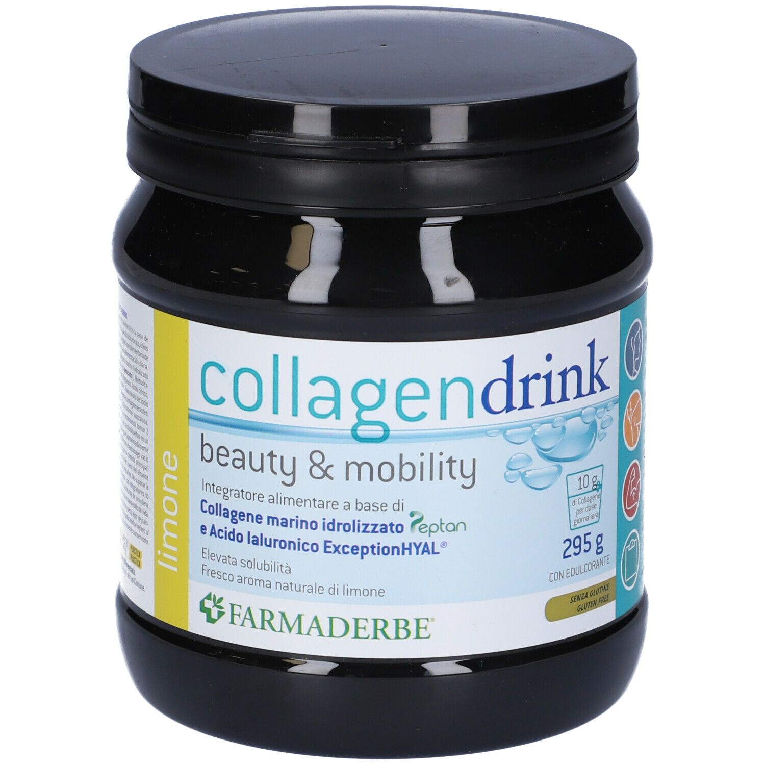 Barattolo nero "collagendrink beauty & mobility". Gusto limone. 295g. Marca: Farmaderbe.