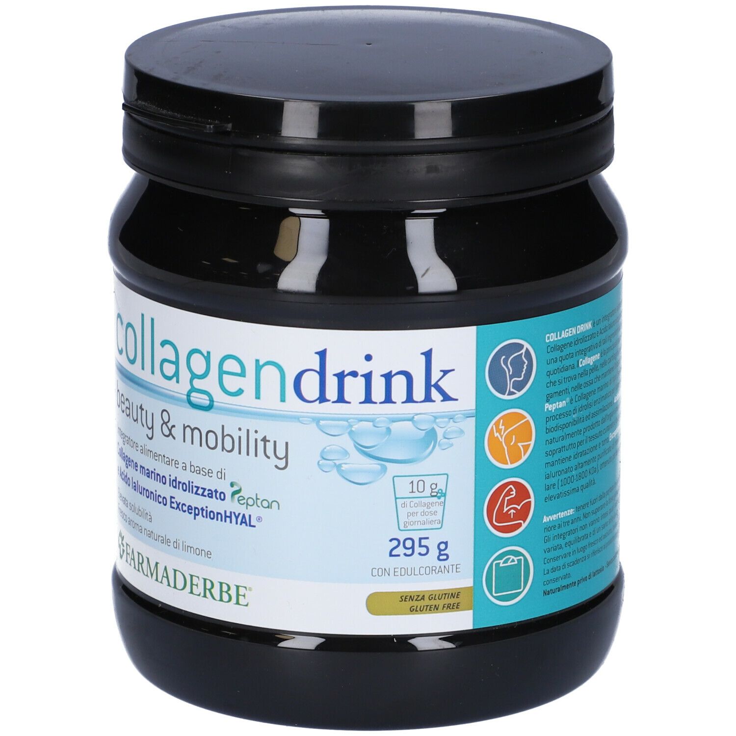 Barattolo nero "collagendrink beauty & mobility". Gusto limone. 295g. Marca: Farmaderbe.