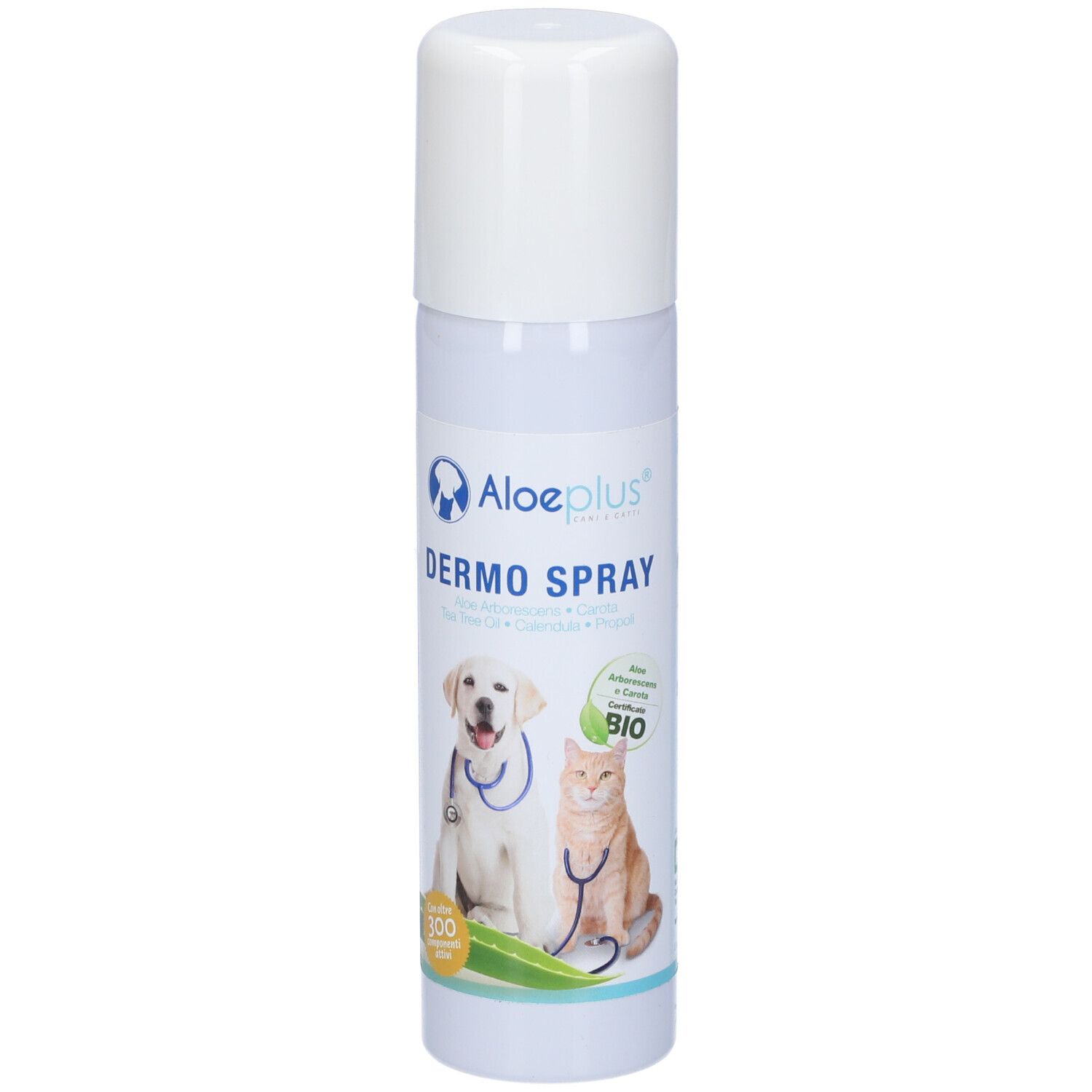 Flacone di Aloeplus Dermo Spray con tappo bianco. Scritta Dermo Spray e logo. Raffigurati un cane e un gatto.