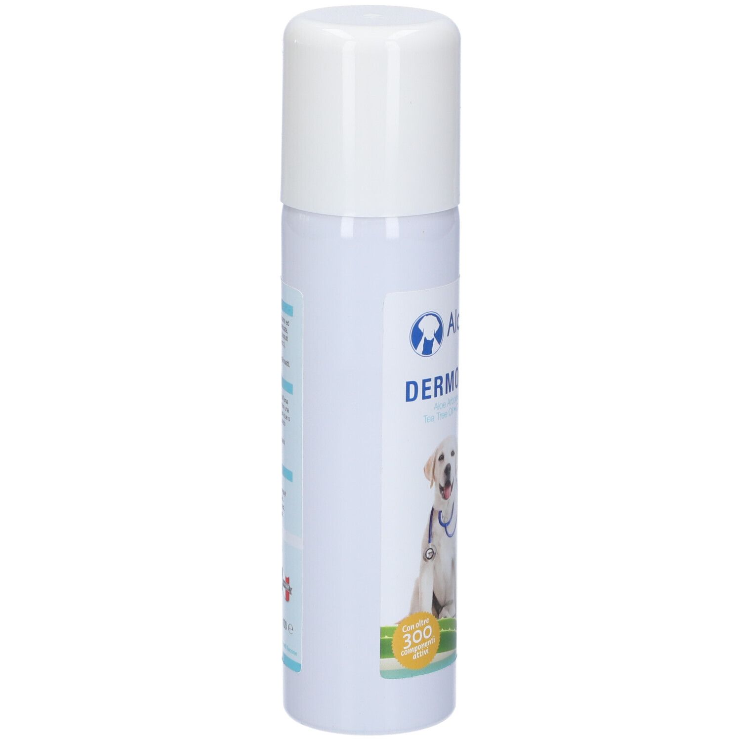 Flacone Aloeplus Dermo Spray, vista laterale. Tappo bianco. Scritta e logo. Raffigurati un cane e un gatto.