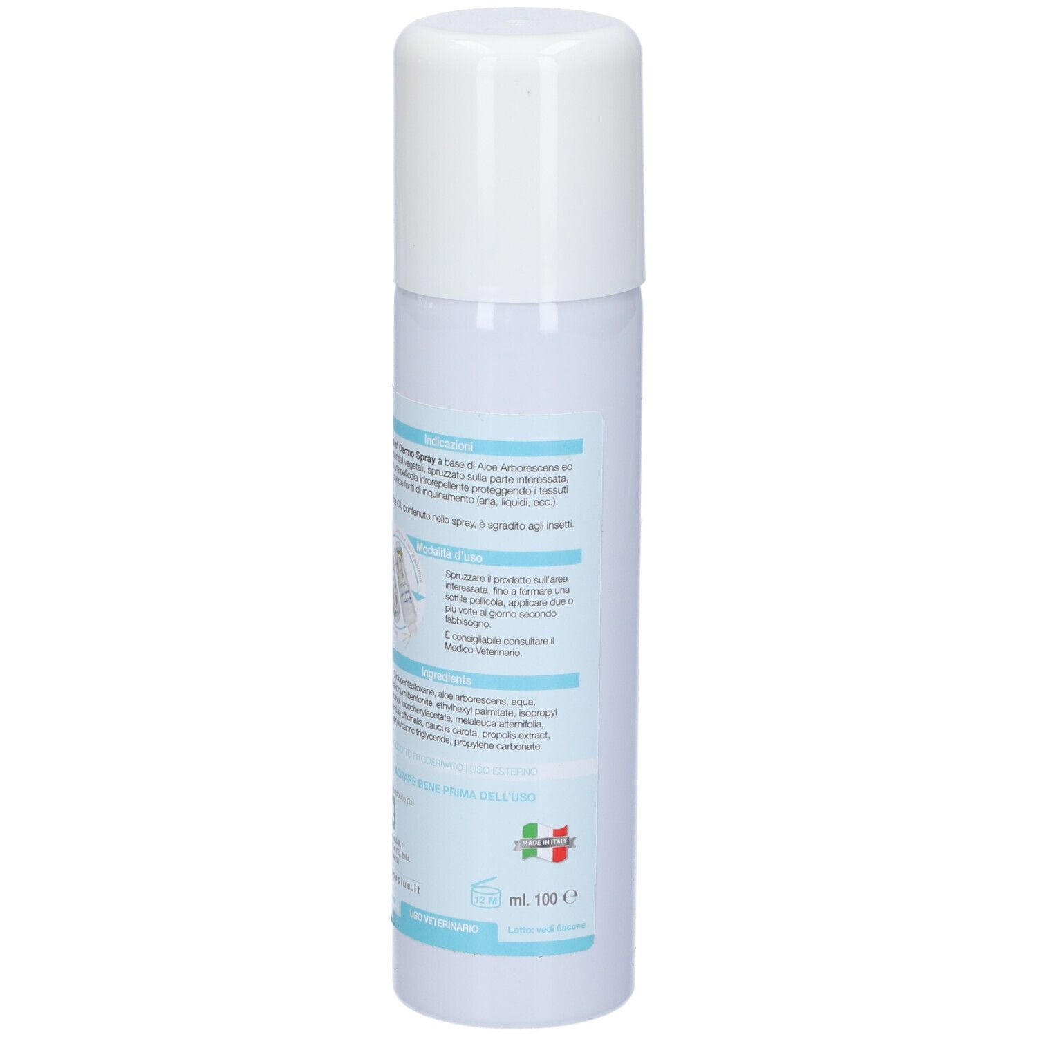 Flacone Aloeplus Dermo Spray, retro. Tappo bianco. Informazioni testuali. Raffigurati un cane e un gatto.