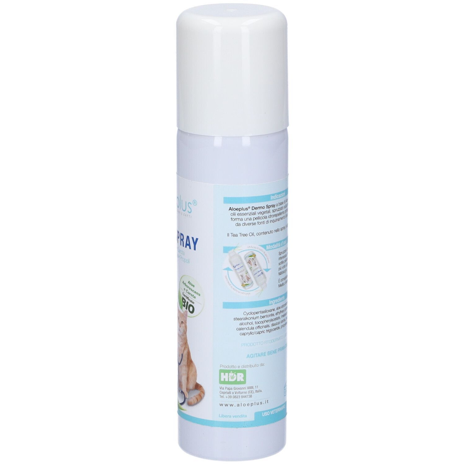 Flacone Aloeplus Dermo Spray, retro. Tappo bianco. Informazioni testuali e logo. Raffigurati un cane e un gatto.